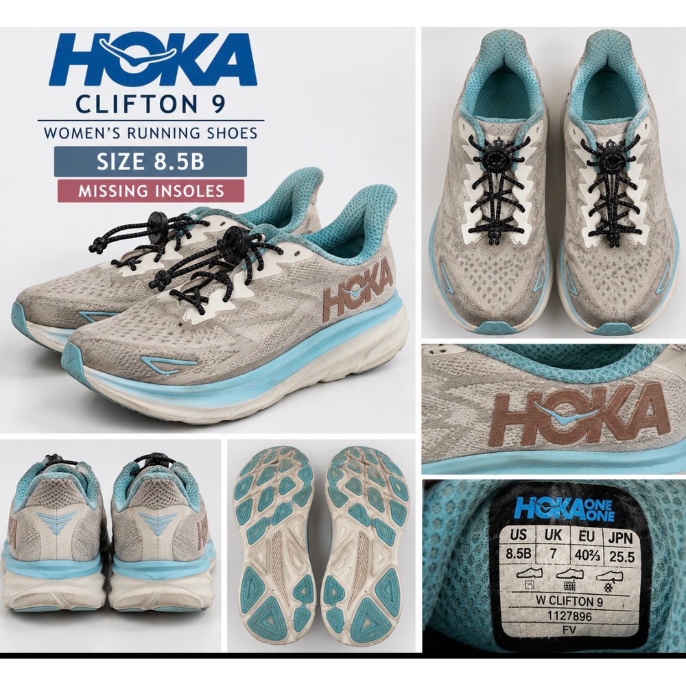 Hoka Clifton 9 Womens 8.5 Grey Blue Running Shoes Lock Laces